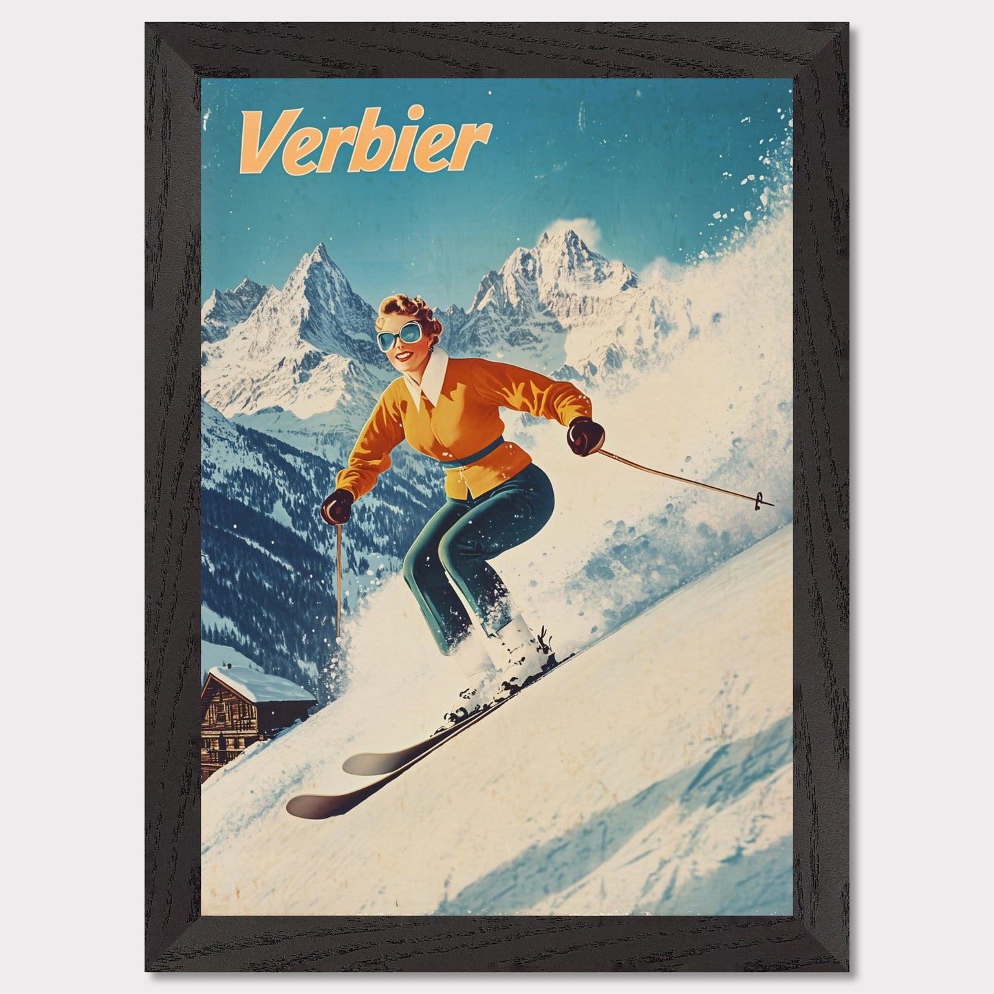 This vibrant retro poster captures the thrilling energy of skiing in Verbier, featuring a skier in a bright orange jacket racing down the slopes. The bright, clear sky contrasts beautifully with the snow-covered terrain and rugged mountain backdrop. The skier’s joyful expression, paired with the iconic Verbier mountains, evokes the excitement and adventure of alpine skiing. The vintage art style adds a timeless touch, bringing out the spirit of winter sports.