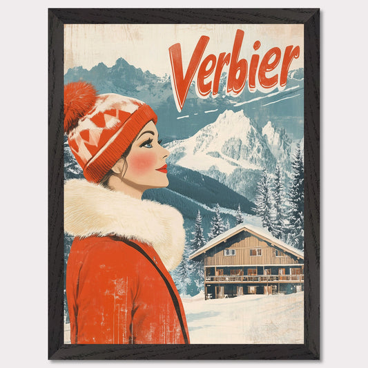 This elegant retro-style poster features a woman in a stylish red winter coat and pom-pom hat, looking towards the majestic Verbier mountains. The soft pastel tones and crisp white snow provide a serene backdrop, while the vintage design and typography evoke a sense of sophistication and timeless charm. The poster conveys the allure of Verbier as both an adventure and a refined escape into nature’s beauty.