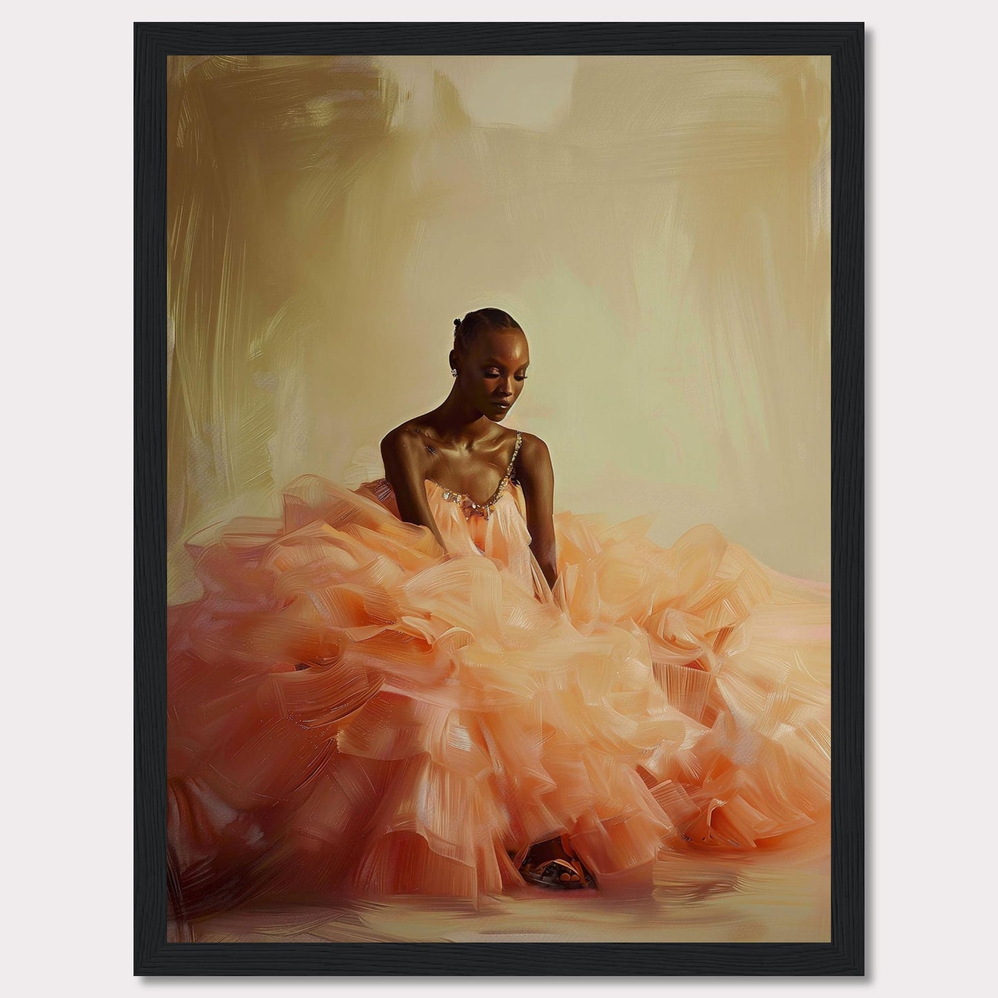 This captivating image features a serene woman in an elegant, voluminous peach gown. The soft, flowing fabric of the dress creates a dreamy and ethereal atmosphere. The background is a subtle blend of warm tones, enhancing the tranquil mood of the scene. The woman's poised and contemplative expression adds depth to the composition.