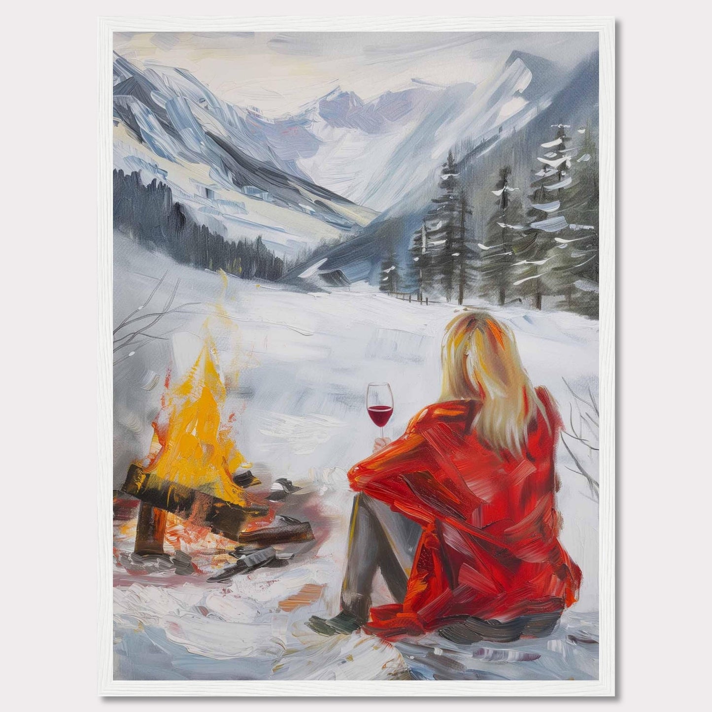 This painting captures a serene winter scene where a person in a red coat sits by a campfire, enjoying a glass of wine amidst a snowy landscape. The backdrop features majestic snow-covered mountains and evergreen trees.