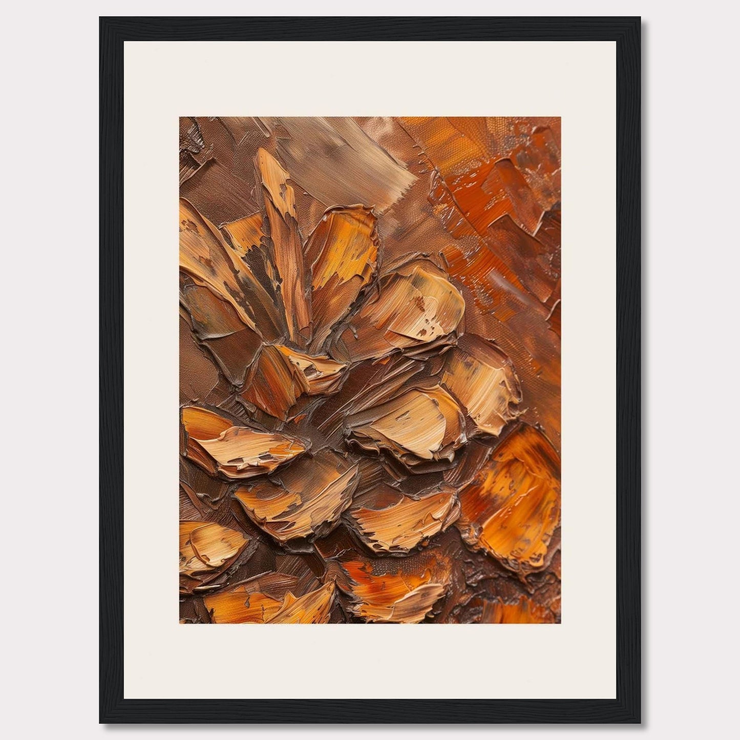 This image showcases a textured painting of a pine cone, rendered in rich, earthy tones. The thick, impasto technique gives the artwork a three-dimensional feel, making the pine cone appear almost lifelike. The painting is framed in a sleek black frame with a white matting that enhances its visual appeal.