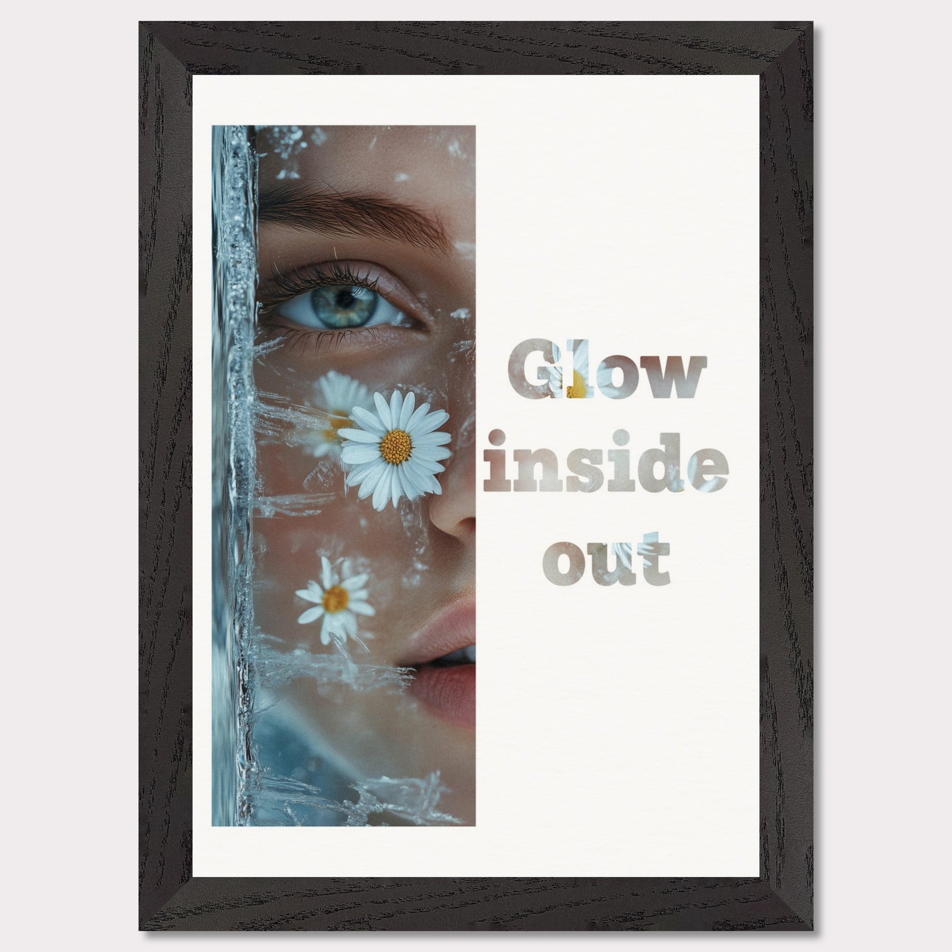 This illustration features a close-up of a person's face with daisies and ice crystals. The text "Glow inside out" is prominently displayed beside the image.

Where will this poster fit: Living room, bedroom, office, hallway, or studio.