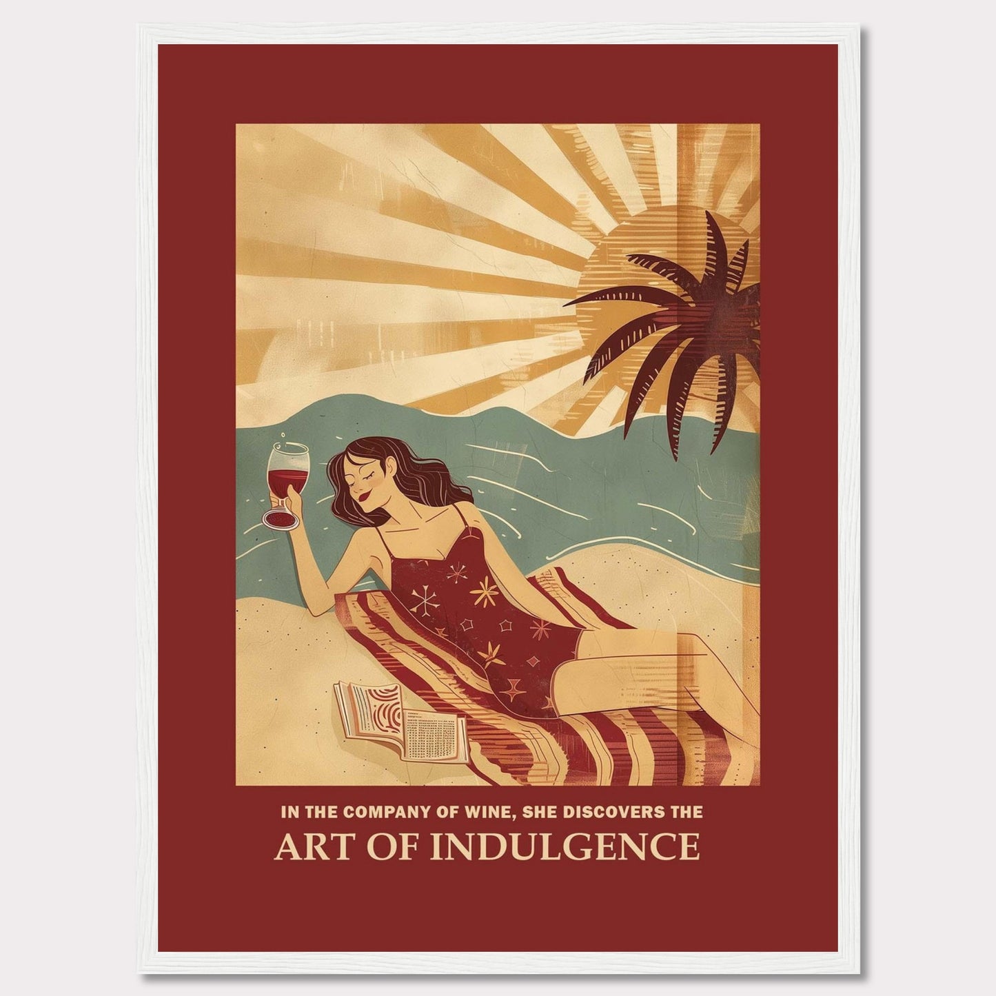 This vibrant poster features a woman relaxing on a beach with a glass of wine. The sun is setting behind a palm tree, casting warm rays over the scene. She is lying on a striped blanket with an open book beside her, embodying a moment of pure relaxation and indulgence.