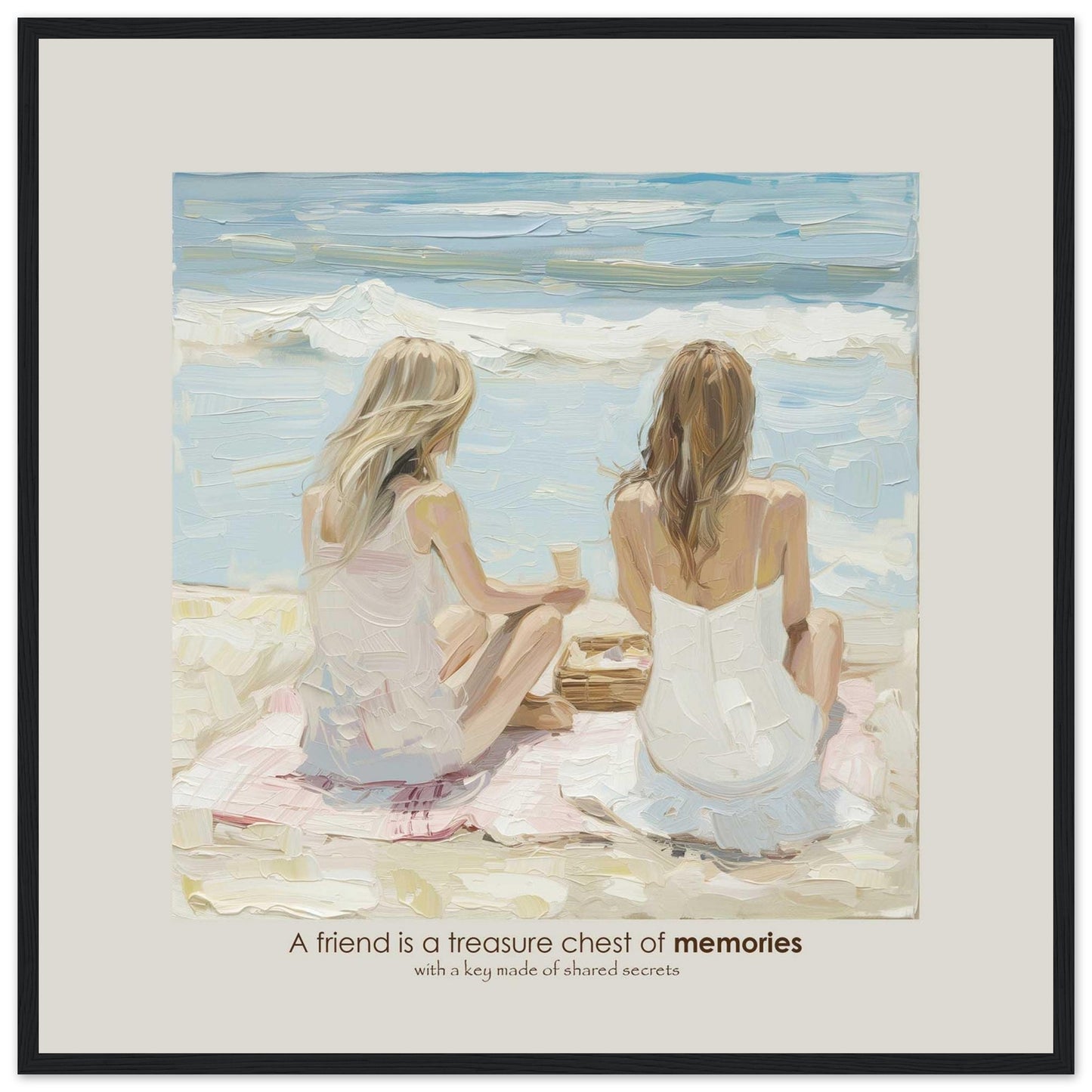 A beautiful painting depicts two women sitting on a beach, facing the ocean. They are engaged in a serene moment, perhaps sharing a conversation or simply enjoying the view. The scene evokes a sense of tranquility and deep friendship. The quote below the image reads, "A friend is a treasure chest of memories with a key made of shared secrets," highlighting the value of close companionship.