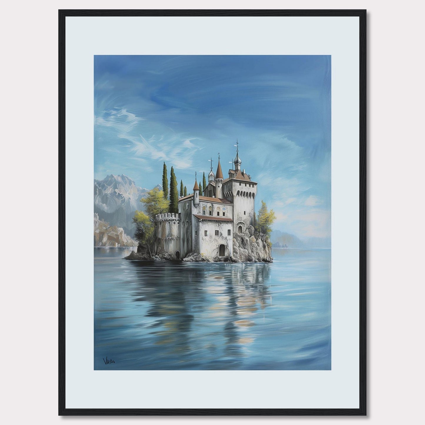 This stunning painting captures the serene beauty of a majestic castle perched on a small island, surrounded by calm waters. The scene is set against a backdrop of distant mountains and a clear blue sky, evoking a sense of tranquility and wonder.