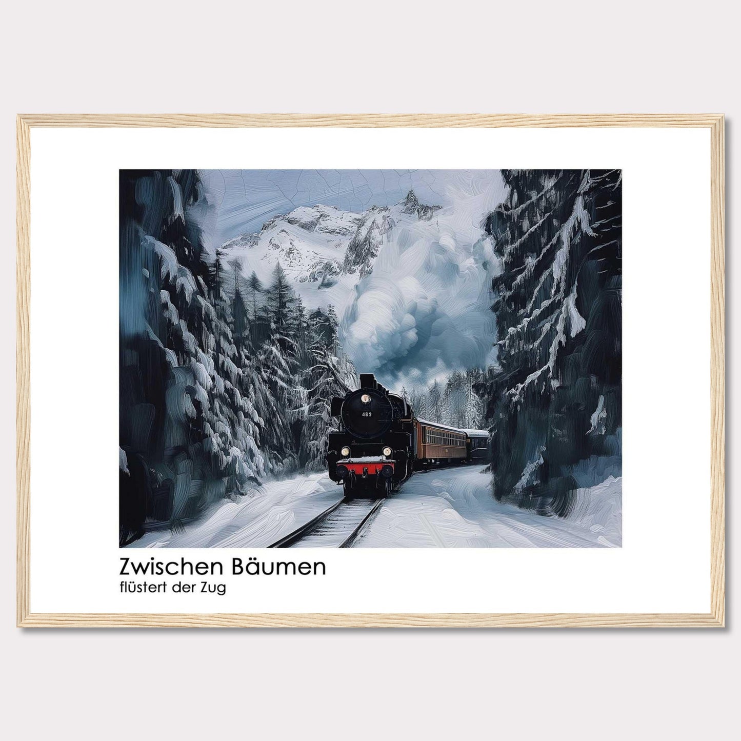 This captivating image depicts a steam train chugging through a snowy forest, with towering pine trees on either side and majestic snow-covered mountains in the background. The scene is serene and picturesque, capturing the essence of winter wonderland.