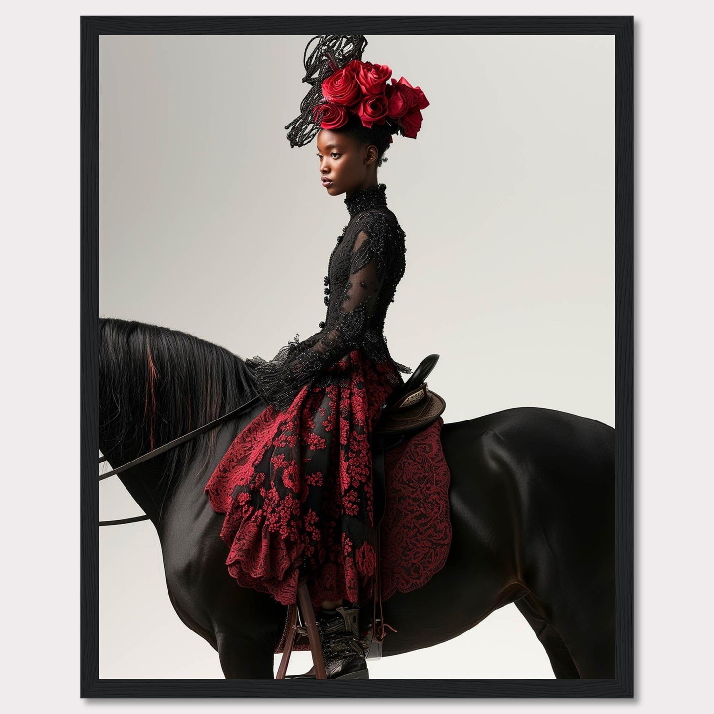 This striking image features a poised woman in an elegant black and red lace dress, adorned with an elaborate headpiece of red roses. She sits gracefully on a majestic black horse, exuding confidence and sophistication.