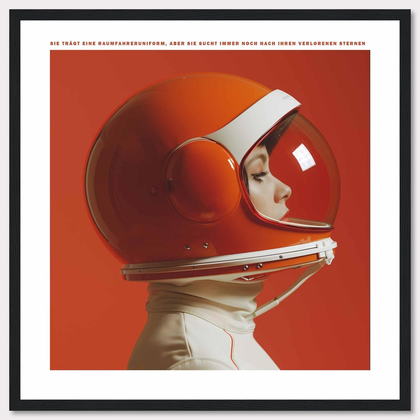 This striking image features a person wearing a vibrant orange astronaut helmet, set against a matching orange background. The profile view captures a sense of contemplation and exploration.