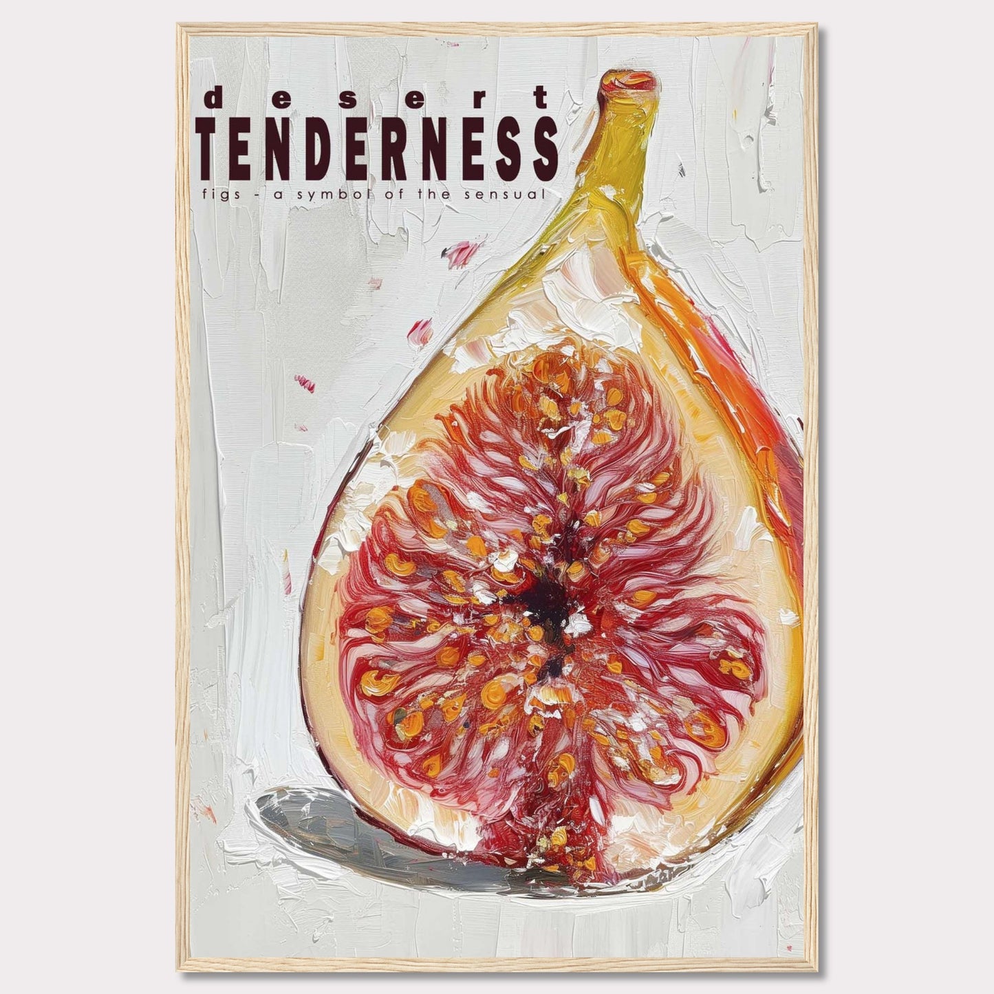 This image features an artistic representation of a fig, emphasizing its rich, sensual qualities. The painting uses bold brushstrokes and vibrant colors to highlight the intricate details of the fruit.