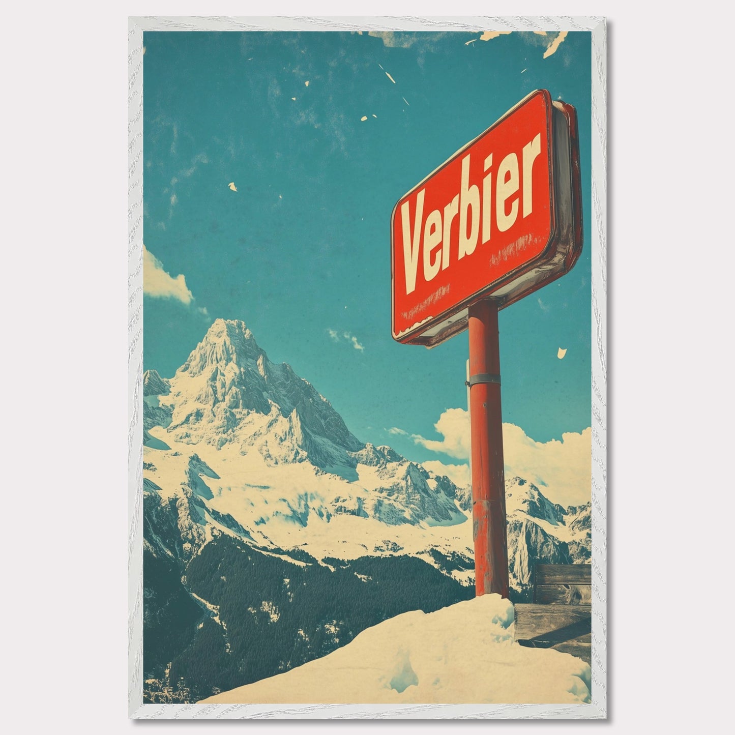 This striking retro-style poster showcases the iconic "Verbier" sign against the backdrop of towering snow-covered peaks and a bright blue sky. The rustic sign, partially worn by time, perfectly complements the expansive, untouched wilderness of the Swiss Alps. The vintage color palette and texture evoke a sense of nostalgia, capturing the allure of Verbier as a timeless destination for adventure and escape into nature’s beauty.