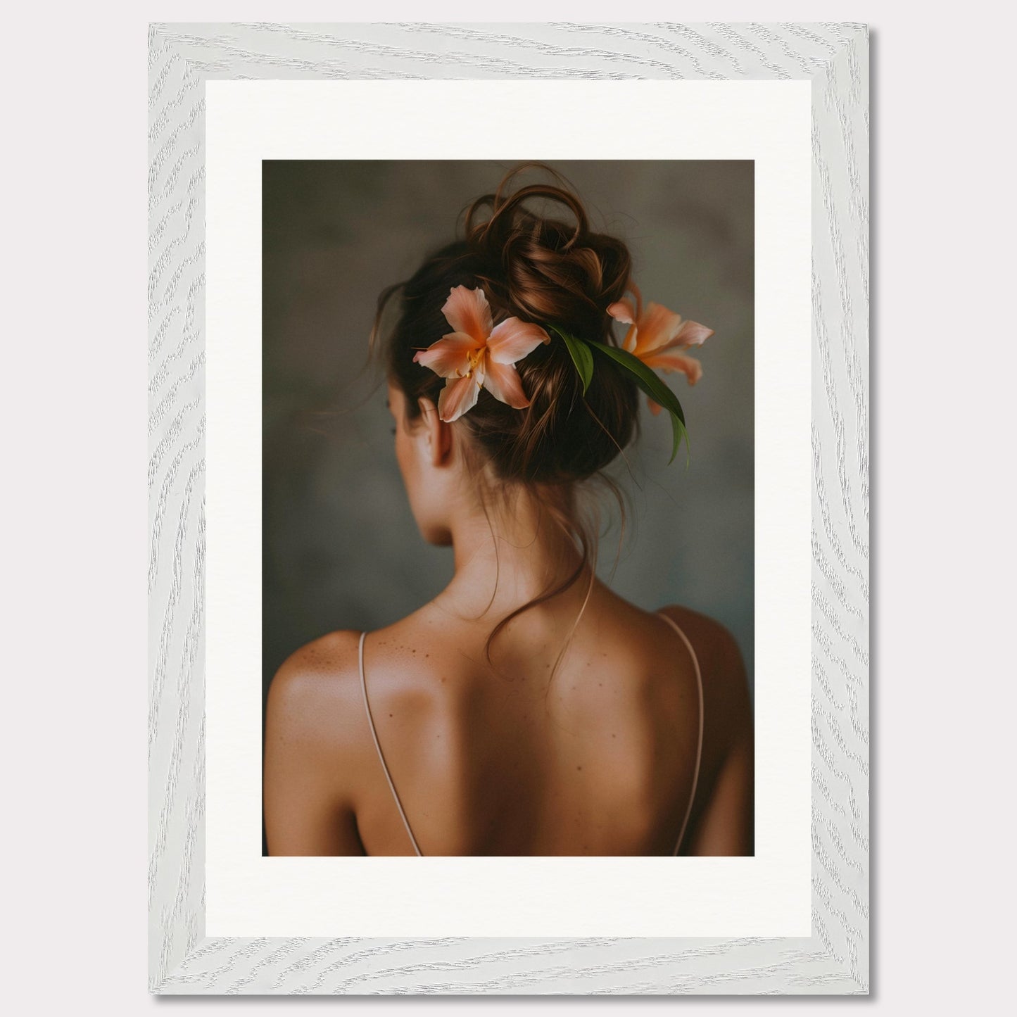 This illustration depicts a woman viewed from behind, with her hair styled in an elegant updo adorned with two peach-colored flowers and green leaves.

This poster would fit well in a bedroom, living room, or any space that benefits from a touch of elegance and natural beauty.