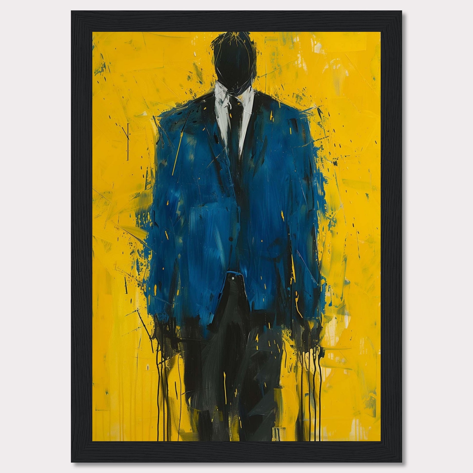 This striking painting features a faceless figure in a blue suit against a vibrant yellow background. The abstract style and bold colors create a powerful visual impact.