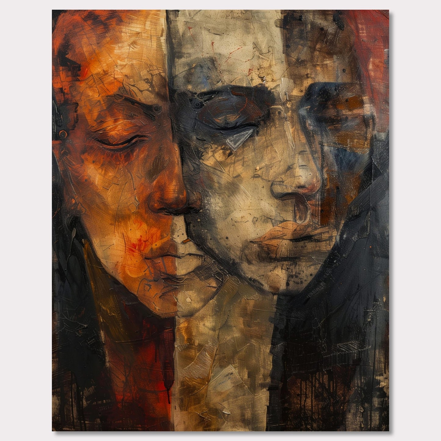 This captivating artwork features two abstract faces, blending seamlessly into one another. The painting is rich in texture and color, with a striking contrast between warm and cool tones. The faces appear to be in deep contemplation, evoking a sense of introspection and connection.