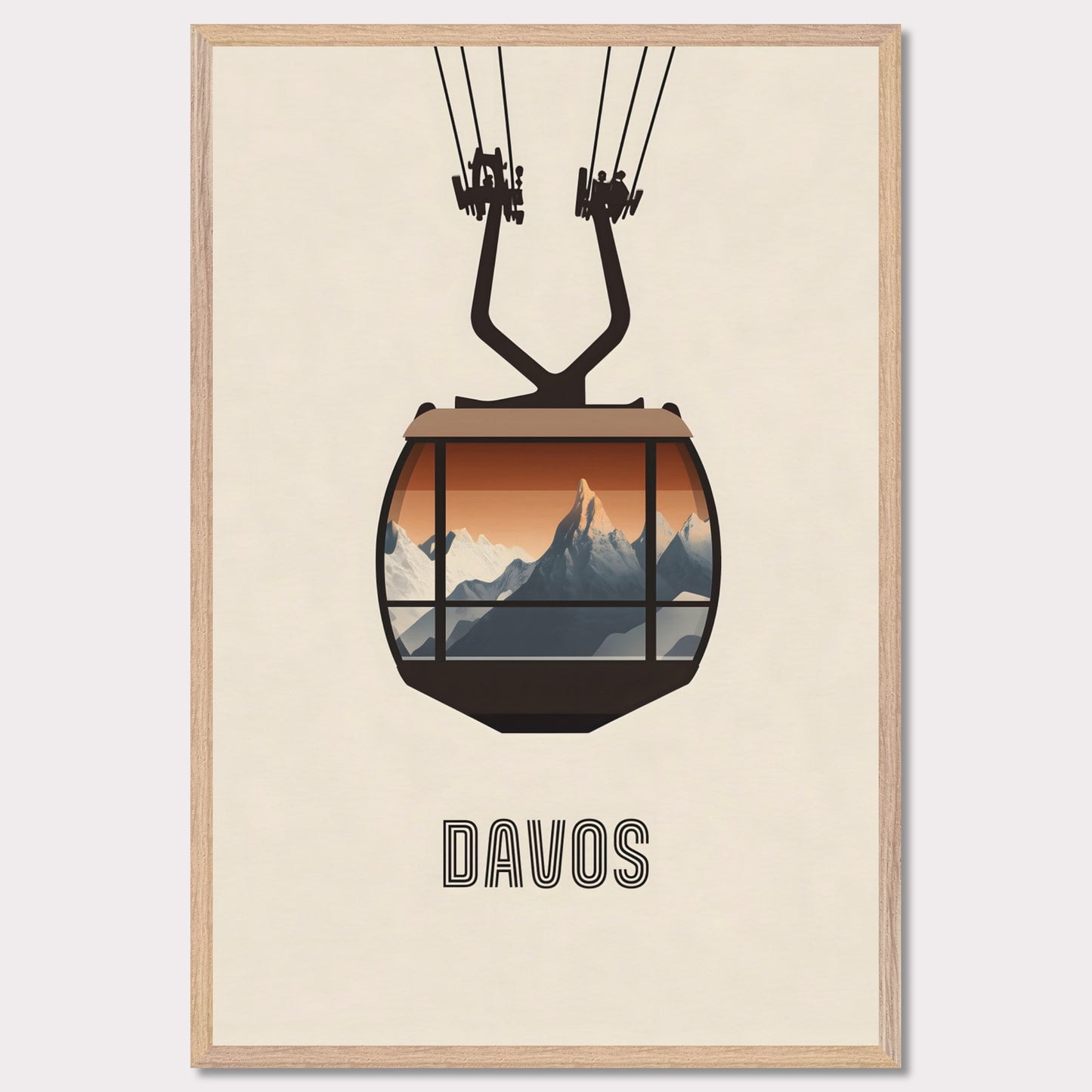 A striking minimalist poster featuring a cable car with a breathtaking view of the Swiss Alps. The warm tones contrast with the cool mountain peaks, evoking the excitement of alpine adventures.