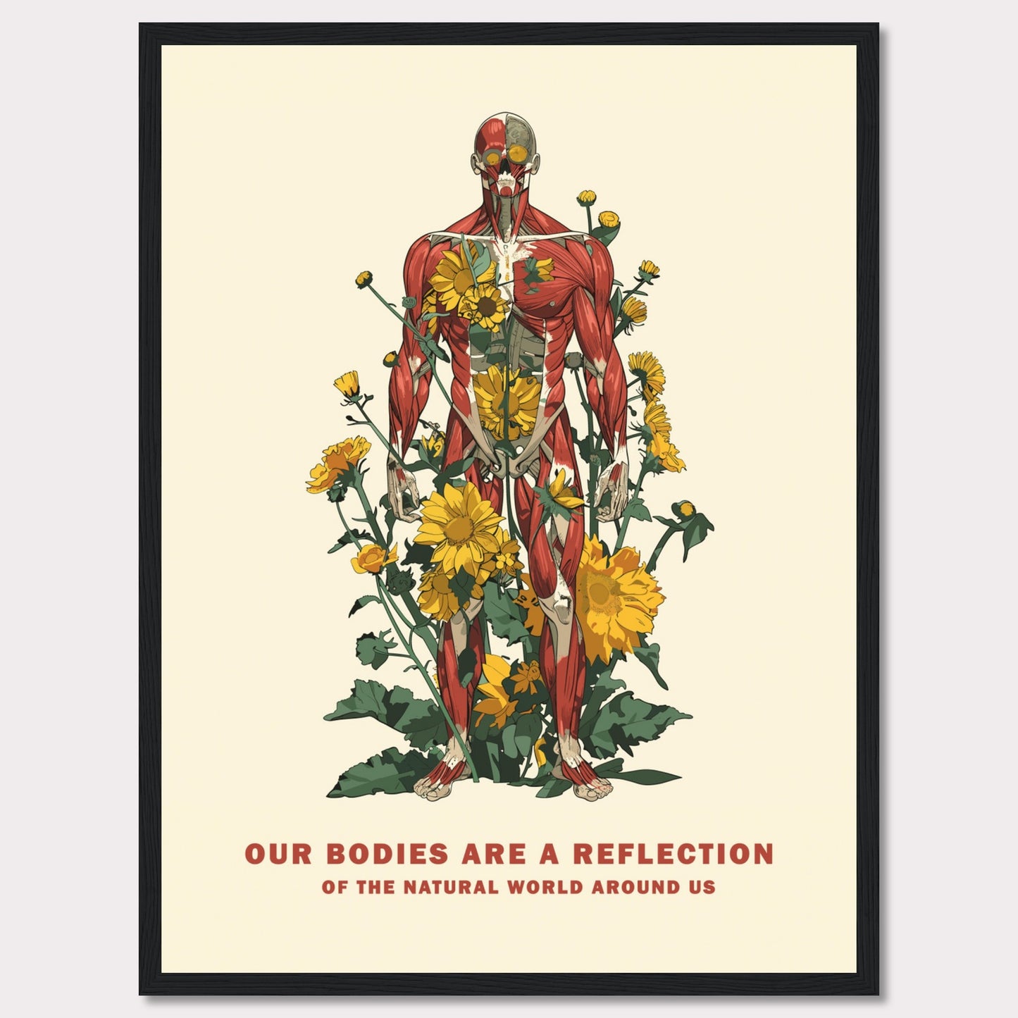 This image features a detailed anatomical illustration of a human body intertwined with vibrant yellow flowers and green foliage. The artwork highlights the connection between human anatomy and nature.