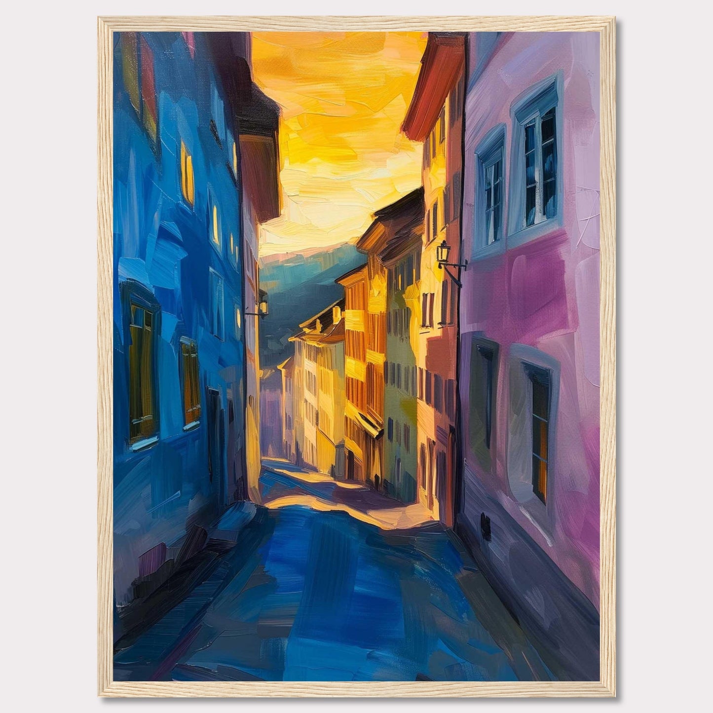 This vibrant painting captures a charming street scene bathed in the warm glow of a sunset. The artwork features colorful buildings, with hues of blue and pink dominating the foreground, while the background fades into golden tones. The narrow street creates a sense of depth, drawing the viewer's eye towards the distant horizon. The play of light and shadow adds a dynamic and lively feel to the piece.