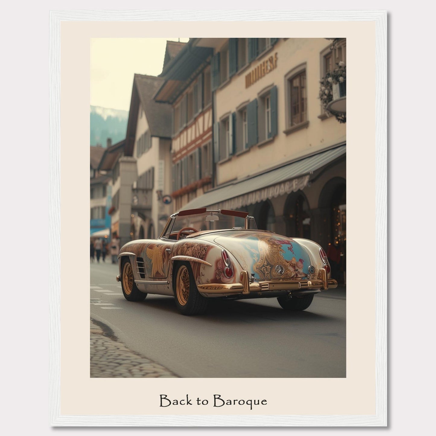 This captivating image showcases a vintage car adorned with intricate Baroque-style artwork, driving through a quaint European street lined with charming buildings. The scene is set against a backdrop of mountains, adding to the picturesque atmosphere.