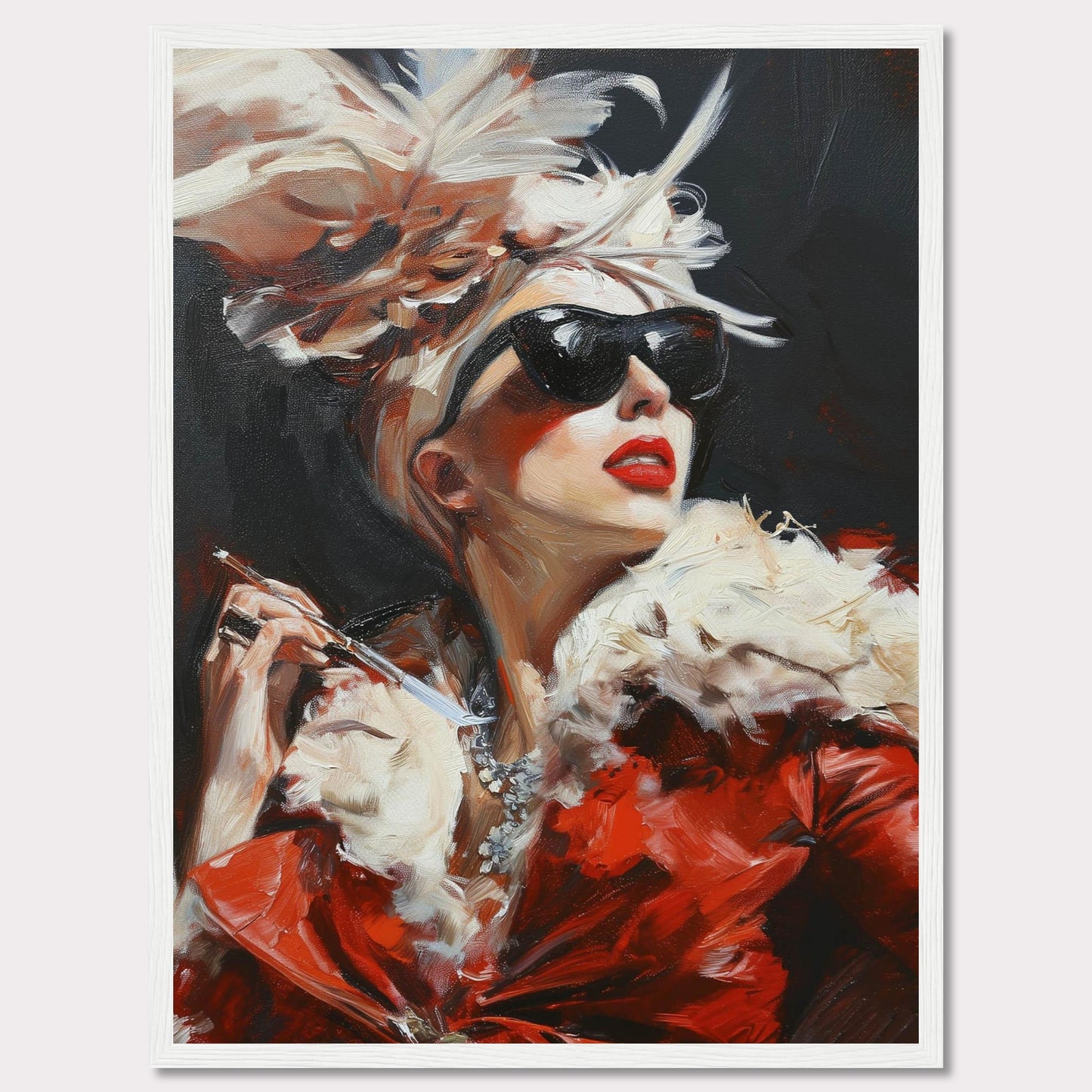 This striking painting captures a glamorous woman exuding confidence and elegance. Adorned in a luxurious red fur coat, she wears dark sunglasses and a dramatic feathered hat, holding a cigarette holder with poise. The bold brushstrokes and vibrant colors add to the dynamic and sophisticated feel of the artwork.