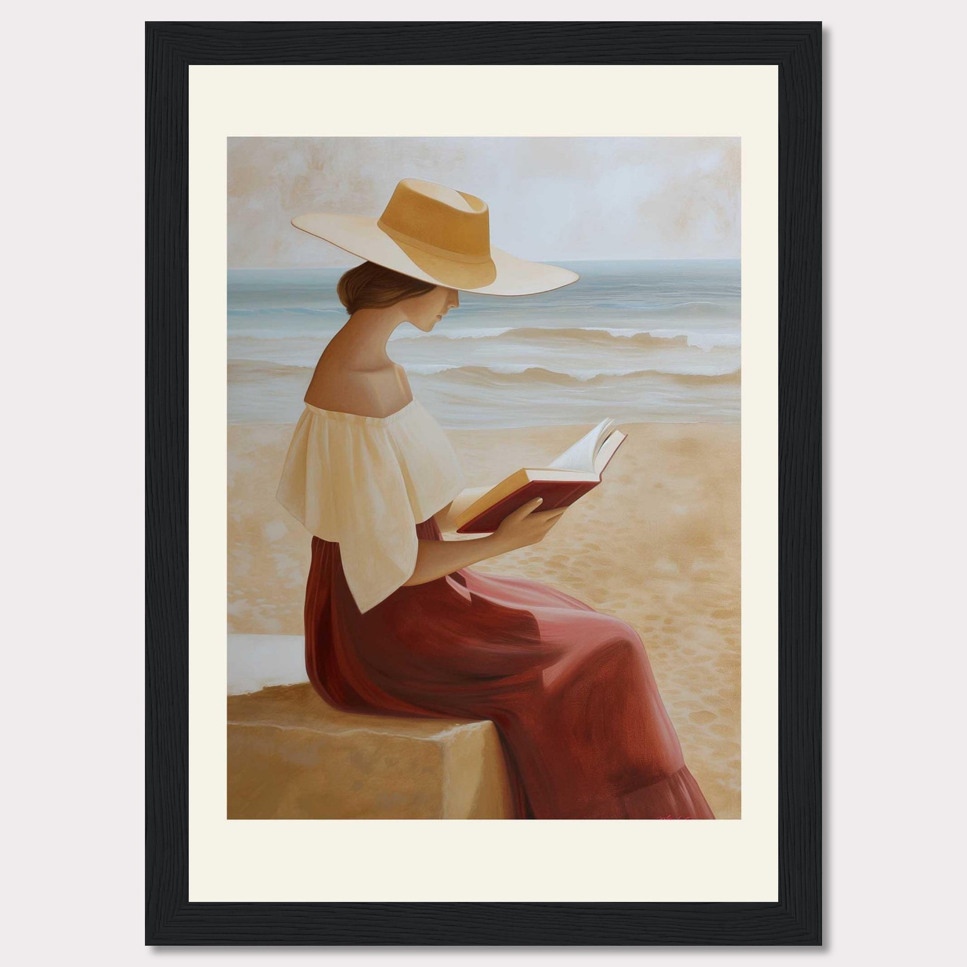 This serene painting depicts a woman sitting by the beach, engrossed in a book. She wears a wide-brimmed hat and a flowing dress, with the ocean waves gently rolling in the background.