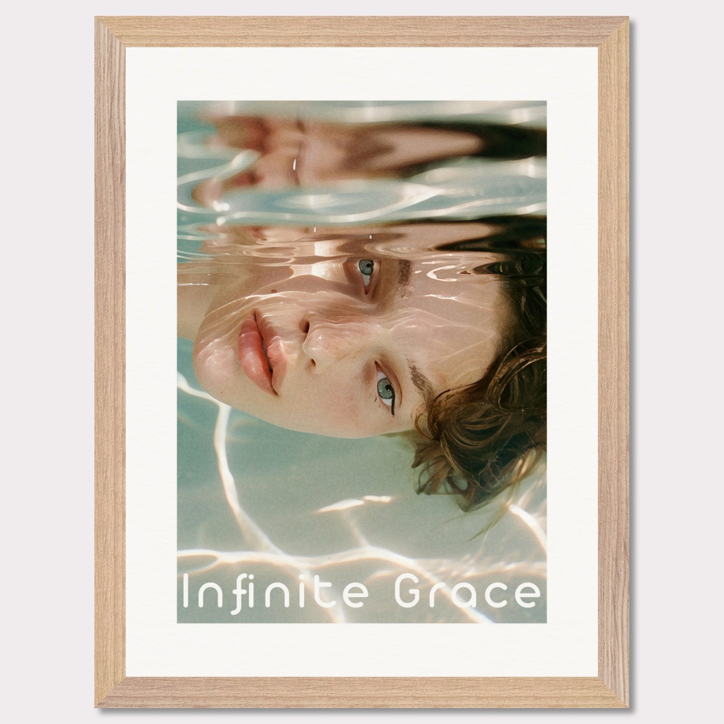 This is an illustration of a person's face partially submerged in water, creating a reflective and serene effect. The text "Infinite Grace" is displayed at the bottom of the image.

Where will this poster fit: This poster would fit well in a modern living room, a bedroom, or a creative studio space.