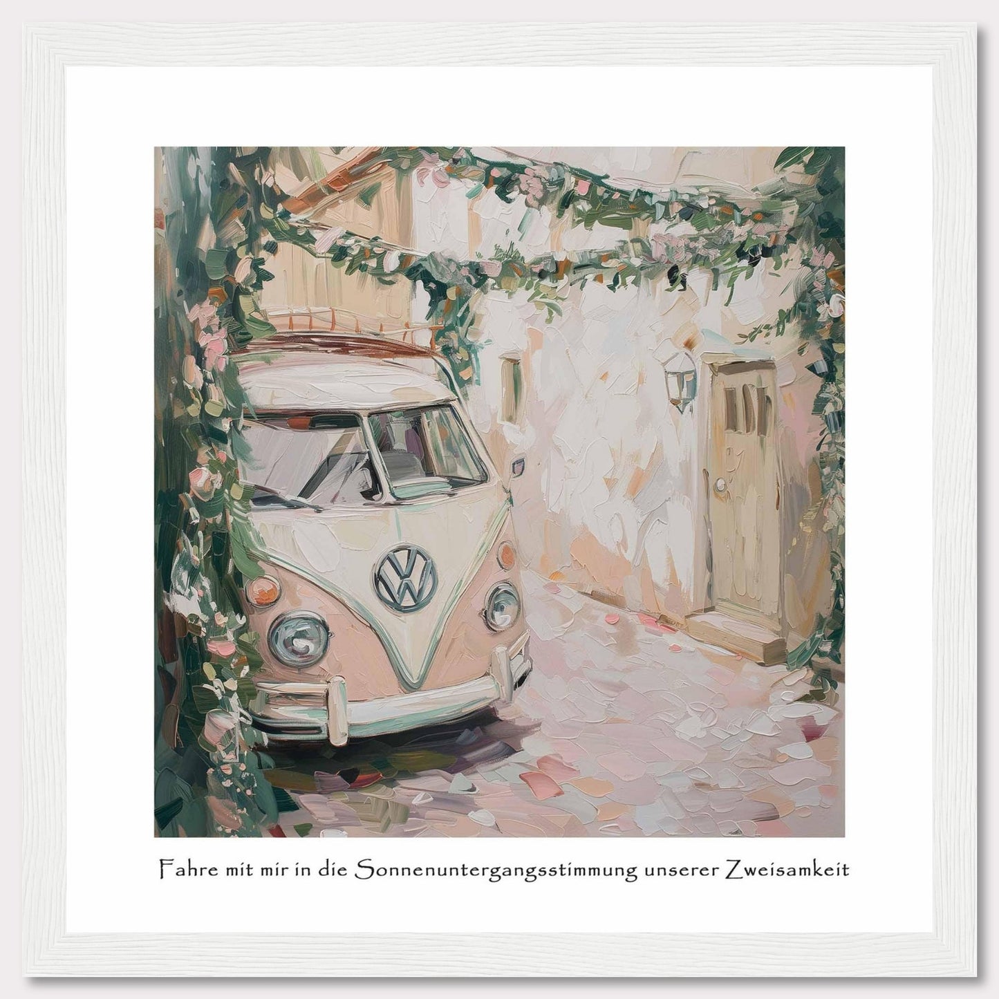 This charming painting depicts a vintage van parked in a quaint alleyway, surrounded by lush greenery and flowers. The soft pastel colors and impressionistic style create a dreamy, nostalgic atmosphere.