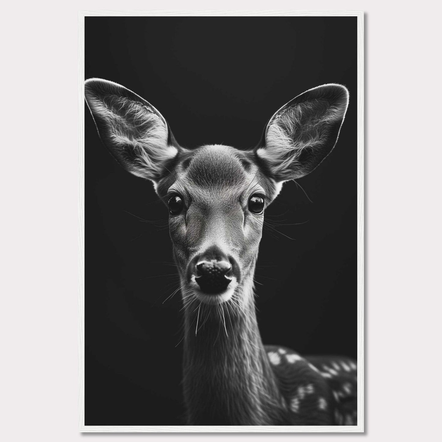 This captivating black and white photograph features a close-up of a young deer, highlighting its delicate features and expressive eyes. The dark background accentuates the deer's soft fur and intricate details, creating a striking contrast that draws the viewer in.