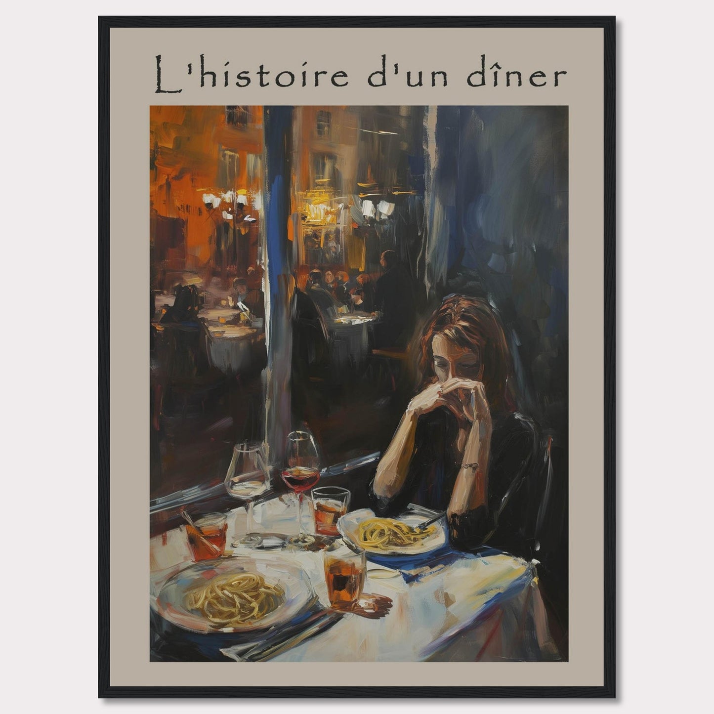 This painting, titled "L'histoire d'un dîner," depicts a solitary woman deep in thought at a dinner table. The scene is set in a warmly lit restaurant, with other diners visible in the background. The table is elegantly set with plates of pasta and glasses of wine, creating an intimate and reflective atmosphere.