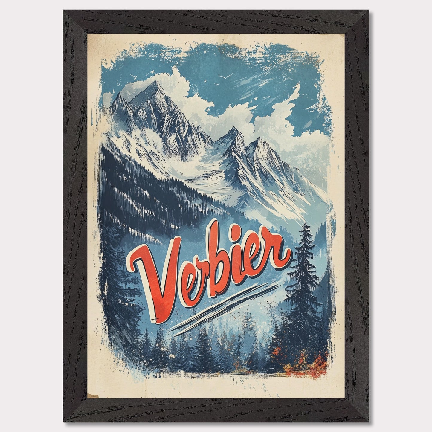 This striking vintage poster captures the breathtaking beauty of Verbier’s mountain peaks. With a bold orange and blue color palette, the image of towering snowy peaks framed by evergreen trees invites adventure and awe. The vintage typography emphasizes Verbier’s allure as a destination for both exploration and relaxation, making this an ideal representation of the Swiss Alps' majestic landscapes.