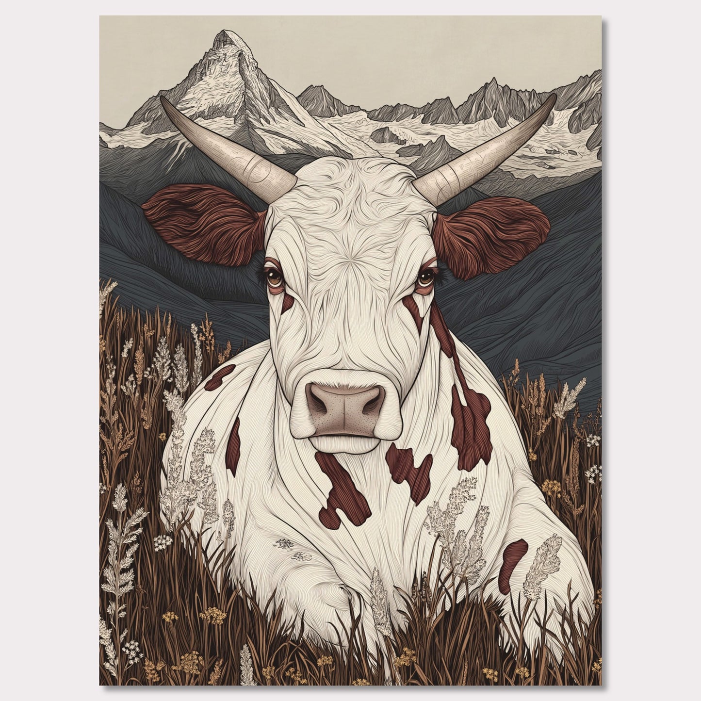 This beautifully detailed poster portrays a tranquil scene of alpine life with a focus on the harmonious connection between nature and animals. A striking cow with intricate features gazes directly at the viewer, creating a sense of intimacy, while the majestic Matterhorn looms in the background. The combination of soft earth tones and delicate linework evokes a rustic yet modern aesthetic.