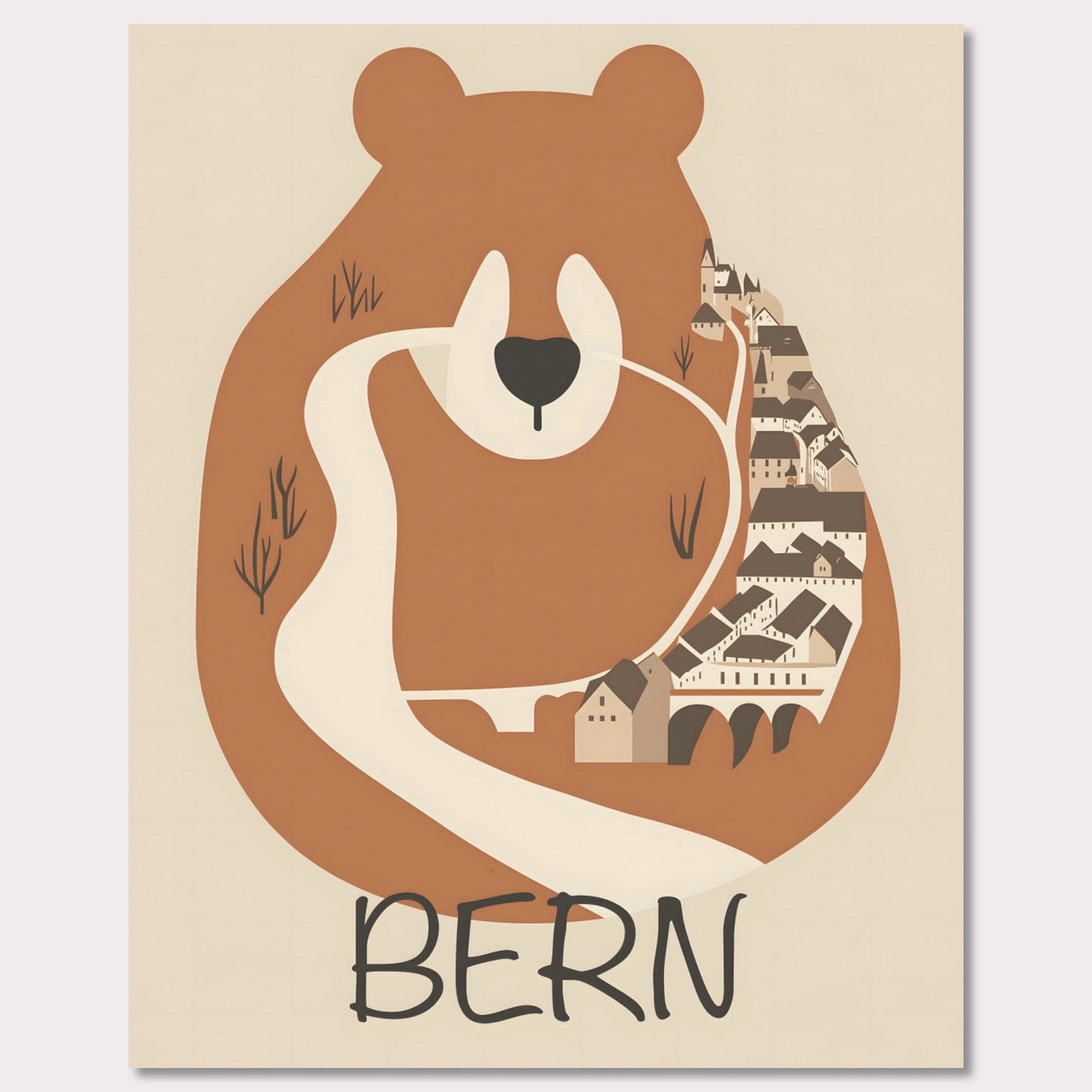 This charming poster features a stylized depiction of Bern, Switzerland, where the iconic bear—symbol of the city—seamlessly merges with the winding streets and historic architecture. The earthy tones and minimalist design evoke a sense of warmth and tradition, reflecting the city's rich history and natural surroundings.