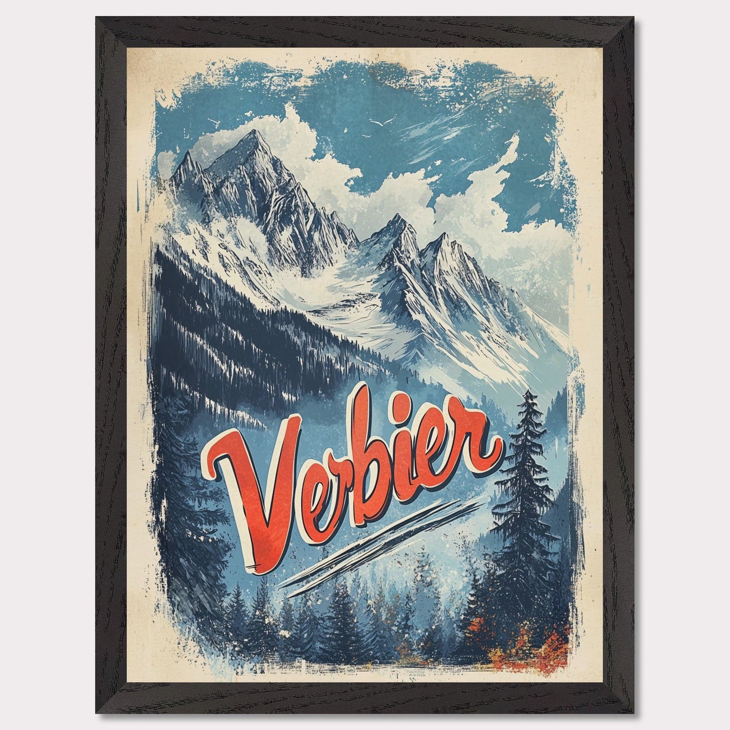 This striking vintage poster captures the breathtaking beauty of Verbier’s mountain peaks. With a bold orange and blue color palette, the image of towering snowy peaks framed by evergreen trees invites adventure and awe. The vintage typography emphasizes Verbier’s allure as a destination for both exploration and relaxation, making this an ideal representation of the Swiss Alps' majestic landscapes.