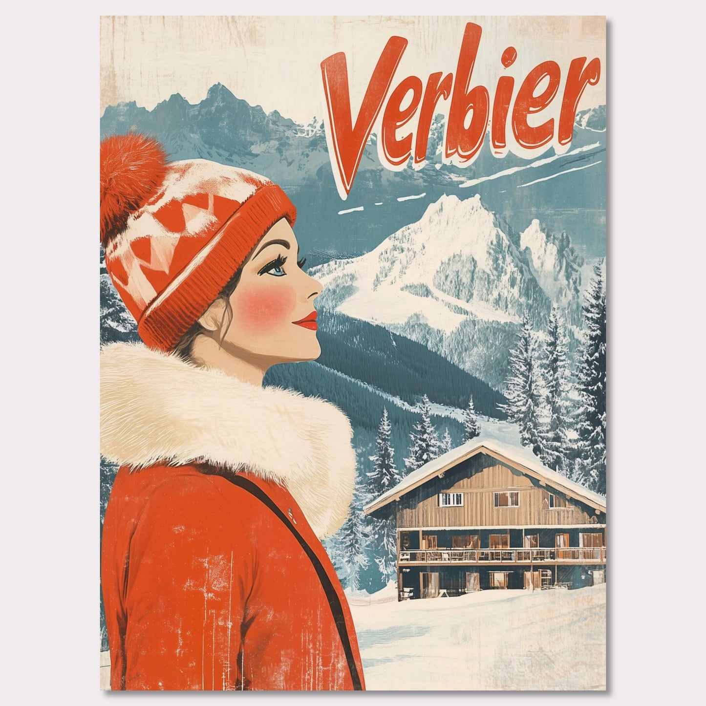 This elegant retro-style poster features a woman in a stylish red winter coat and pom-pom hat, looking towards the majestic Verbier mountains. The soft pastel tones and crisp white snow provide a serene backdrop, while the vintage design and typography evoke a sense of sophistication and timeless charm. The poster conveys the allure of Verbier as both an adventure and a refined escape into nature’s beauty.