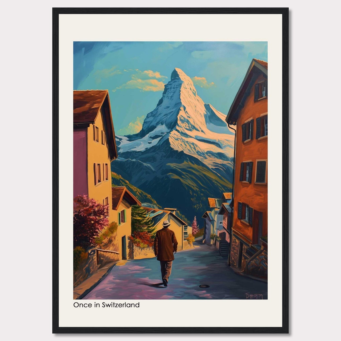 This beautiful painting captures a serene Swiss village with the majestic Matterhorn mountain in the background. The scene features charming houses, a lone figure walking down the street, vibrant foliage, and a clear blue sky.