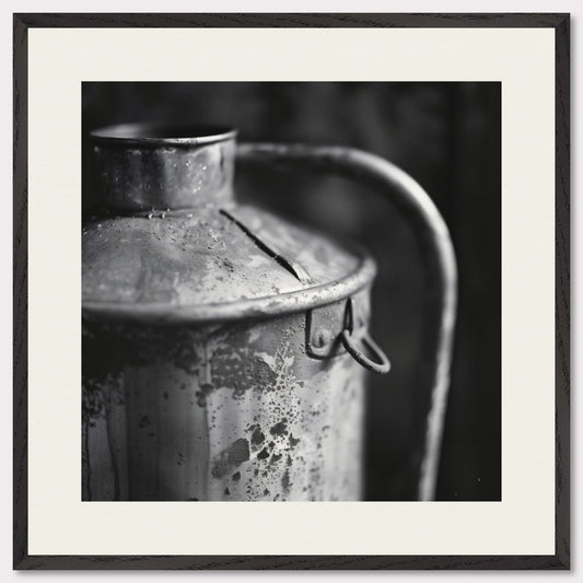 This illustration depicts a close-up view of an old, weathered metal container with a handle. The black and white composition highlights the texture and details of the rust and wear on the surface.