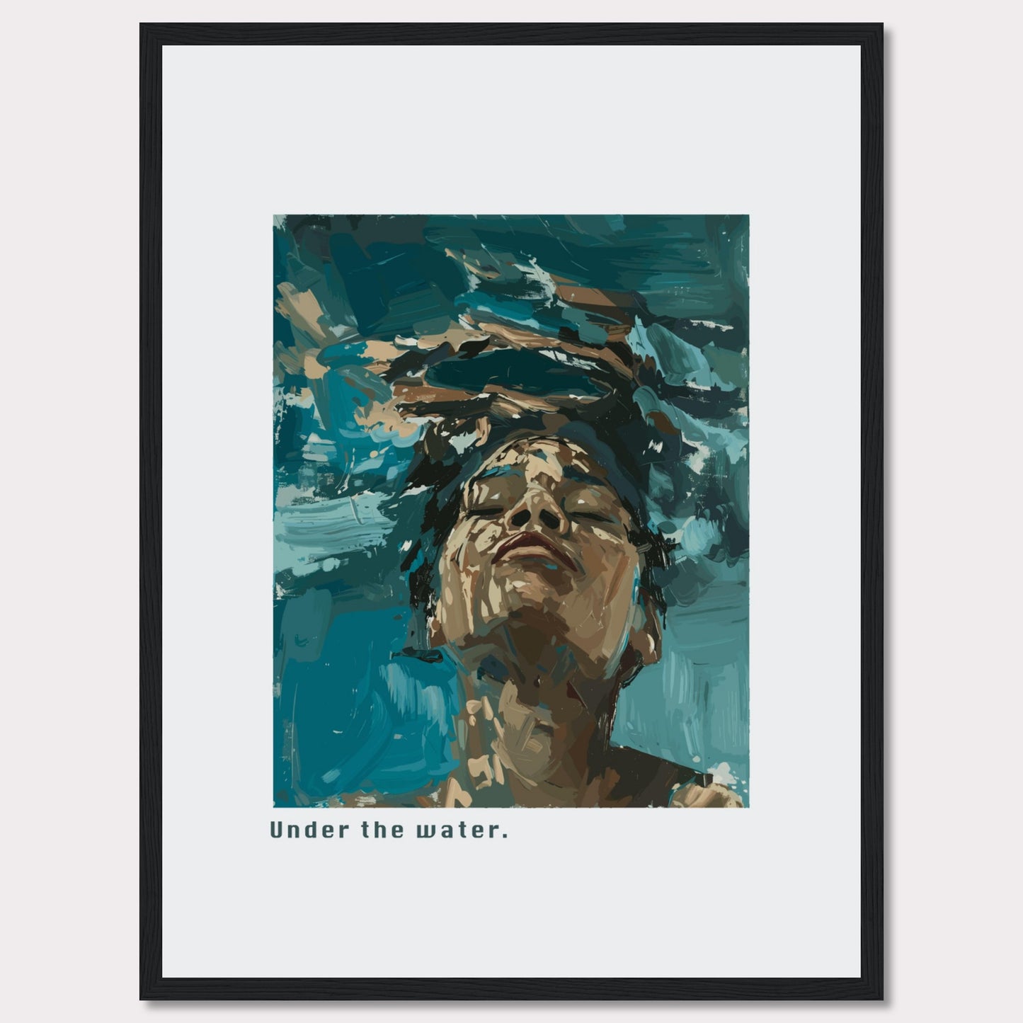 This captivating artwork depicts a serene moment of tranquility and introspection. The image shows a person submerged in water, their face emerging towards the surface, eyes closed in a peaceful expression.