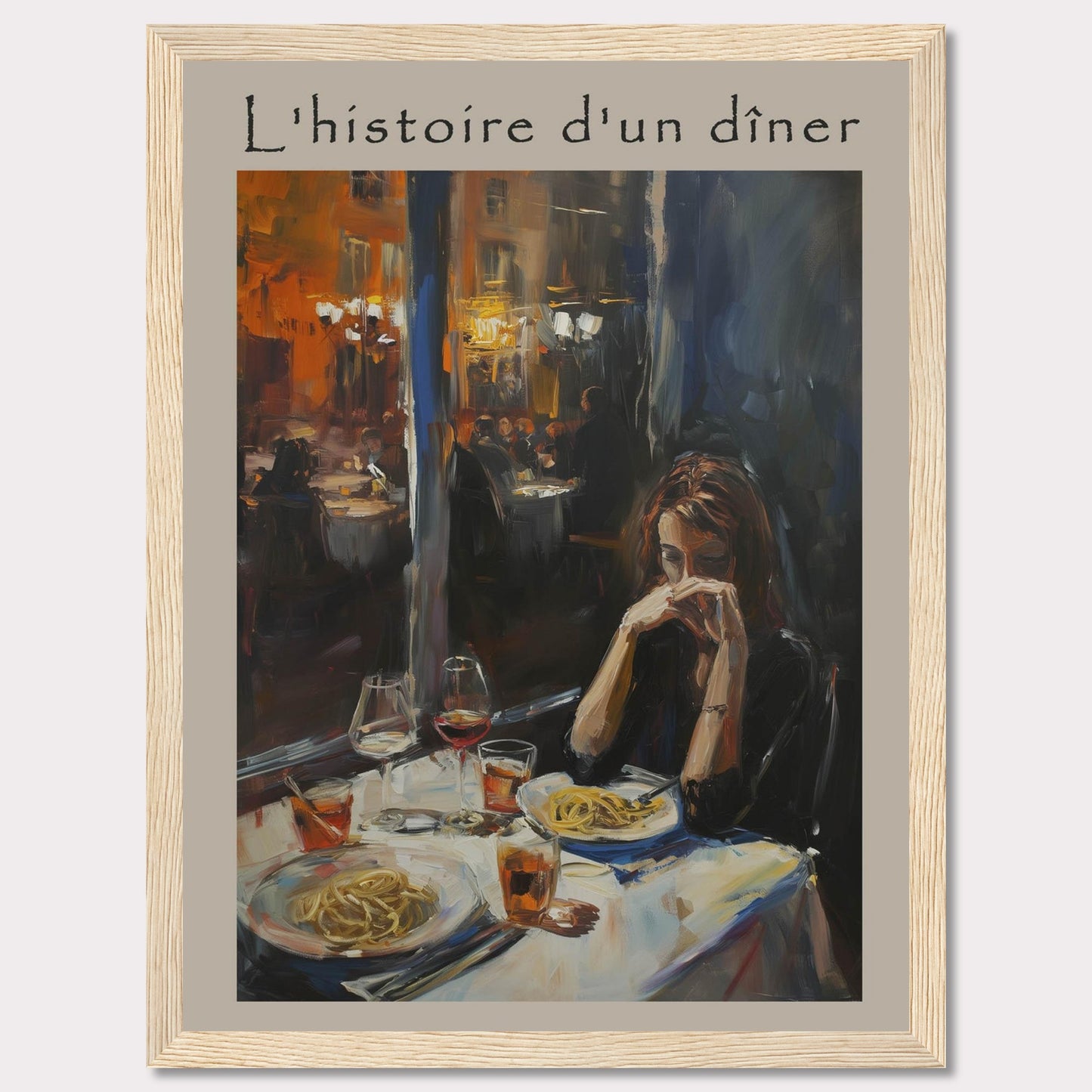 This painting, titled "L'histoire d'un dîner," depicts a solitary woman deep in thought at a dinner table. The scene is set in a warmly lit restaurant, with other diners visible in the background. The table is elegantly set with plates of pasta and glasses of wine, creating an intimate and reflective atmosphere.