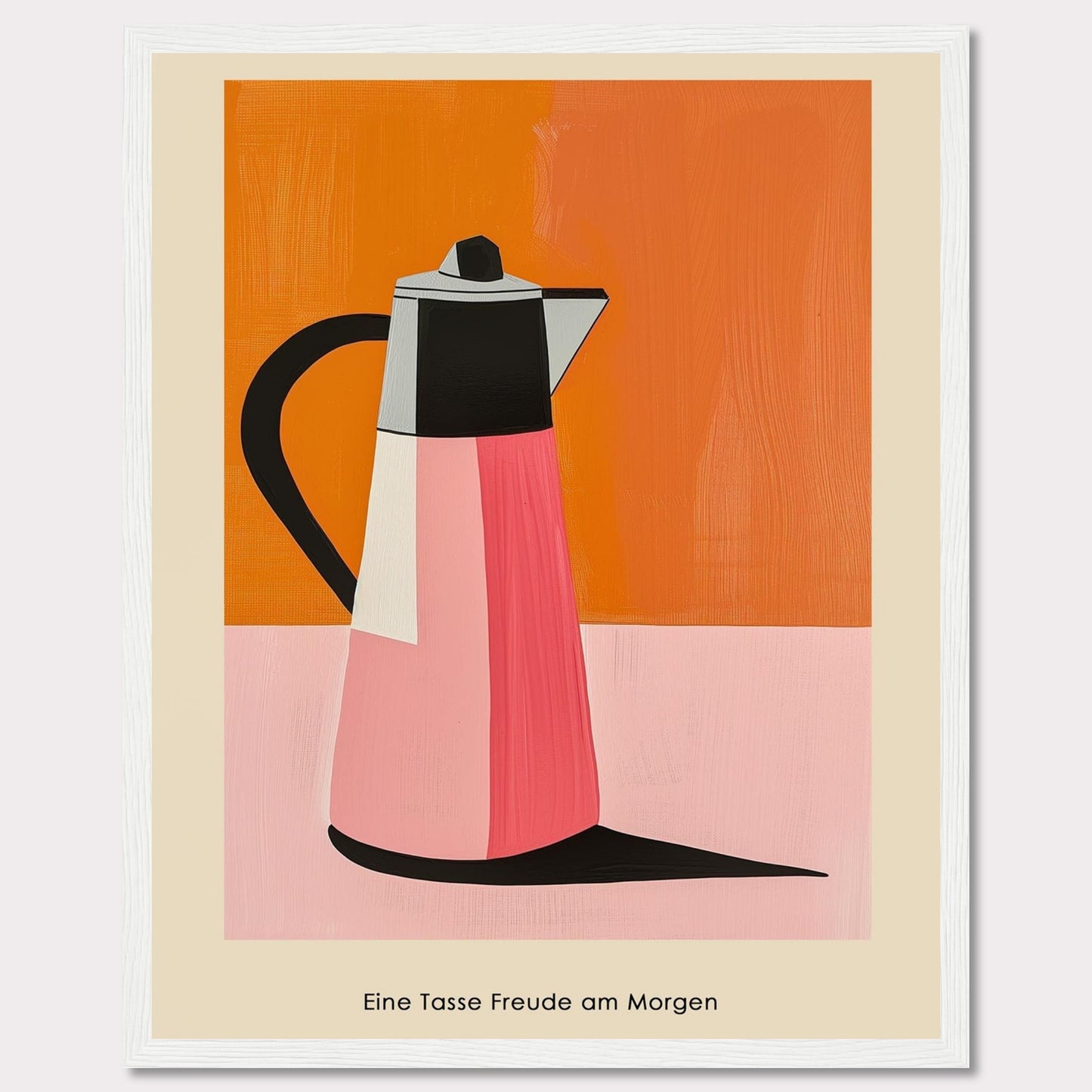 This image features a vibrant, modern art depiction of a coffee pot against a bold orange and pink background.