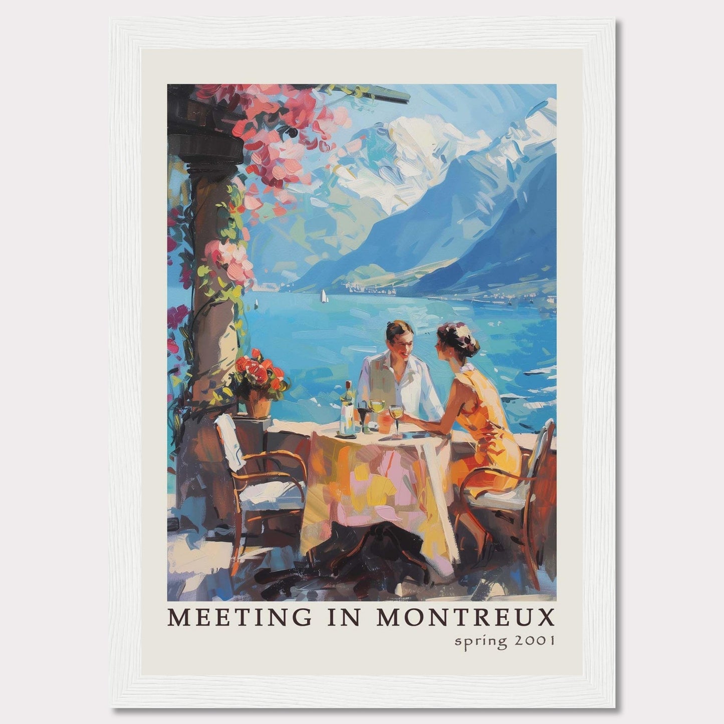 This vibrant poster captures a serene moment of a couple dining outdoors with the stunning backdrop of Montreux's picturesque lakeside and mountains.