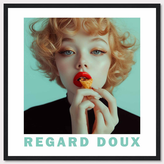 This captivating image showcases a young woman with striking red lips, holding a small cone-shaped snack close to her mouth. Her curly blonde hair frames her face beautifully, and her eyes exude a gentle, dreamy expression. The background is a soft teal color, adding to the overall serene and enchanting atmosphere. The text "REGARD DOUX" at the bottom translates to "Soft Gaze," perfectly capturing the essence of the image.