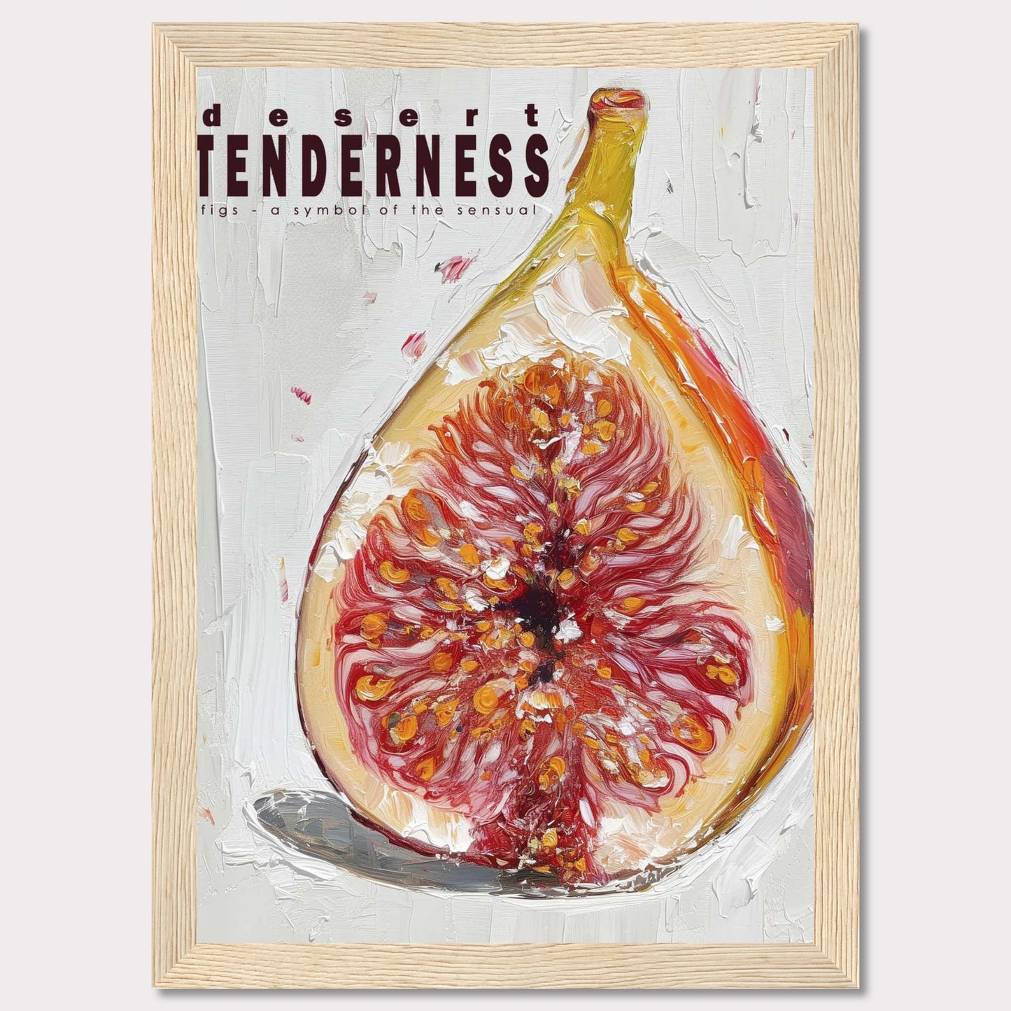 This image features an artistic representation of a fig, emphasizing its rich, sensual qualities. The painting uses bold brushstrokes and vibrant colors to highlight the intricate details of the fruit.