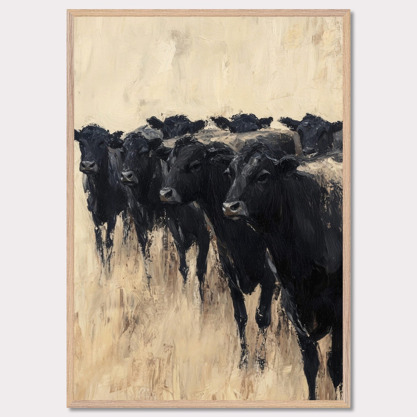 This captivating painting depicts a group of black cows standing together, evoking a sense of unity and strength. The textured brushstrokes and neutral background create a striking contrast, highlighting the animals' dark forms.