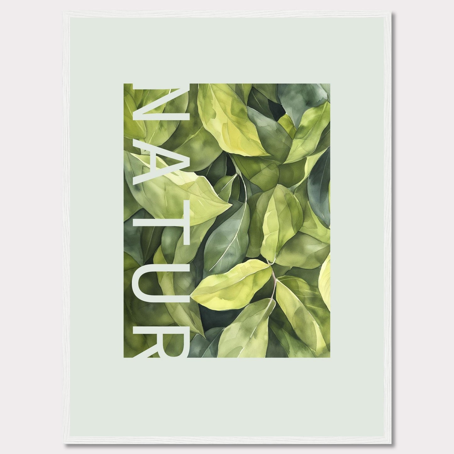 This beautiful framed artwork showcases a lush, green foliage design with the word "NATUR" elegantly integrated into the composition. The vibrant leaves create a refreshing and calming visual experience.