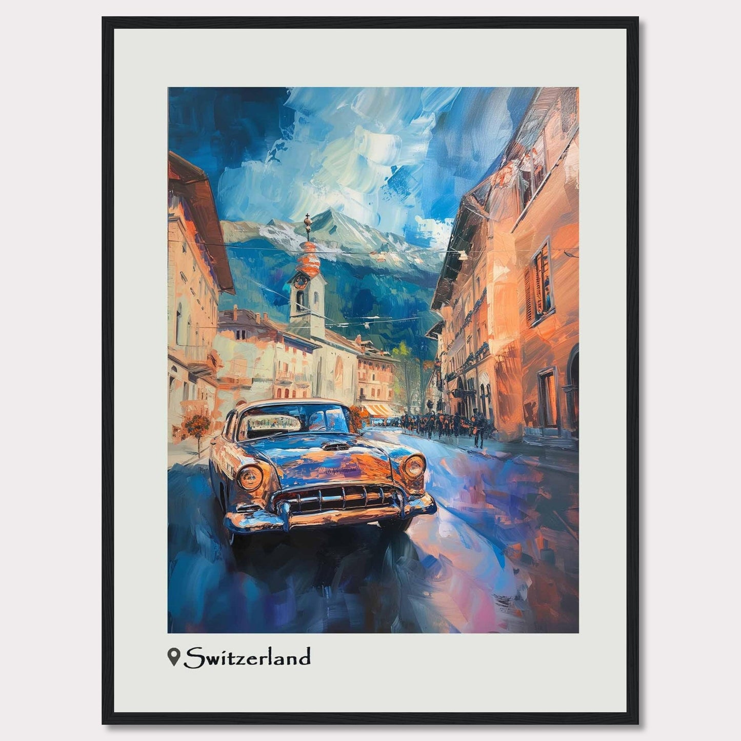 This vibrant painting captures the charm of a Swiss town with a classic car driving through its picturesque streets. The scene is set against a backdrop of majestic mountains under a dynamic sky.