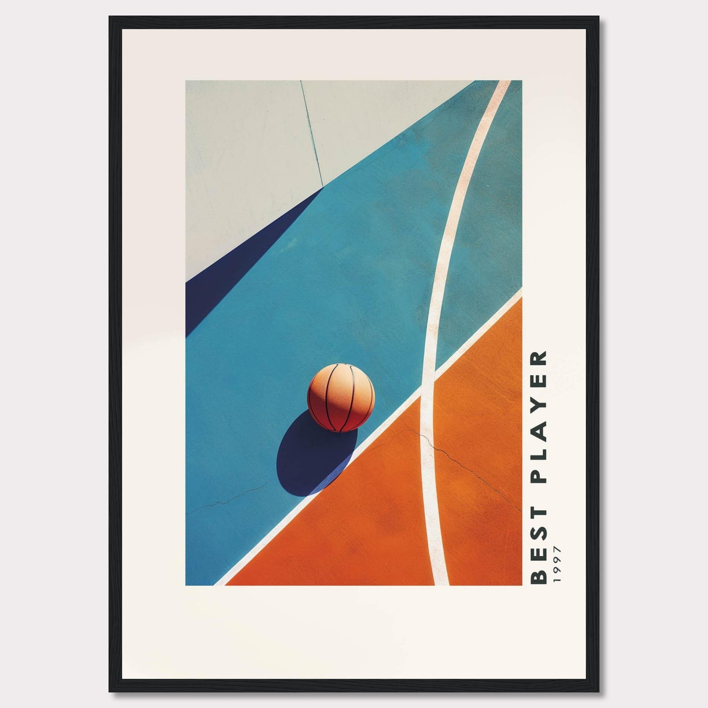 This striking poster features a basketball resting on a vibrant court, divided into bold blue and orange sections. The image is framed in black, with the text "BEST PLAYER 1997" vertically aligned on the right side.