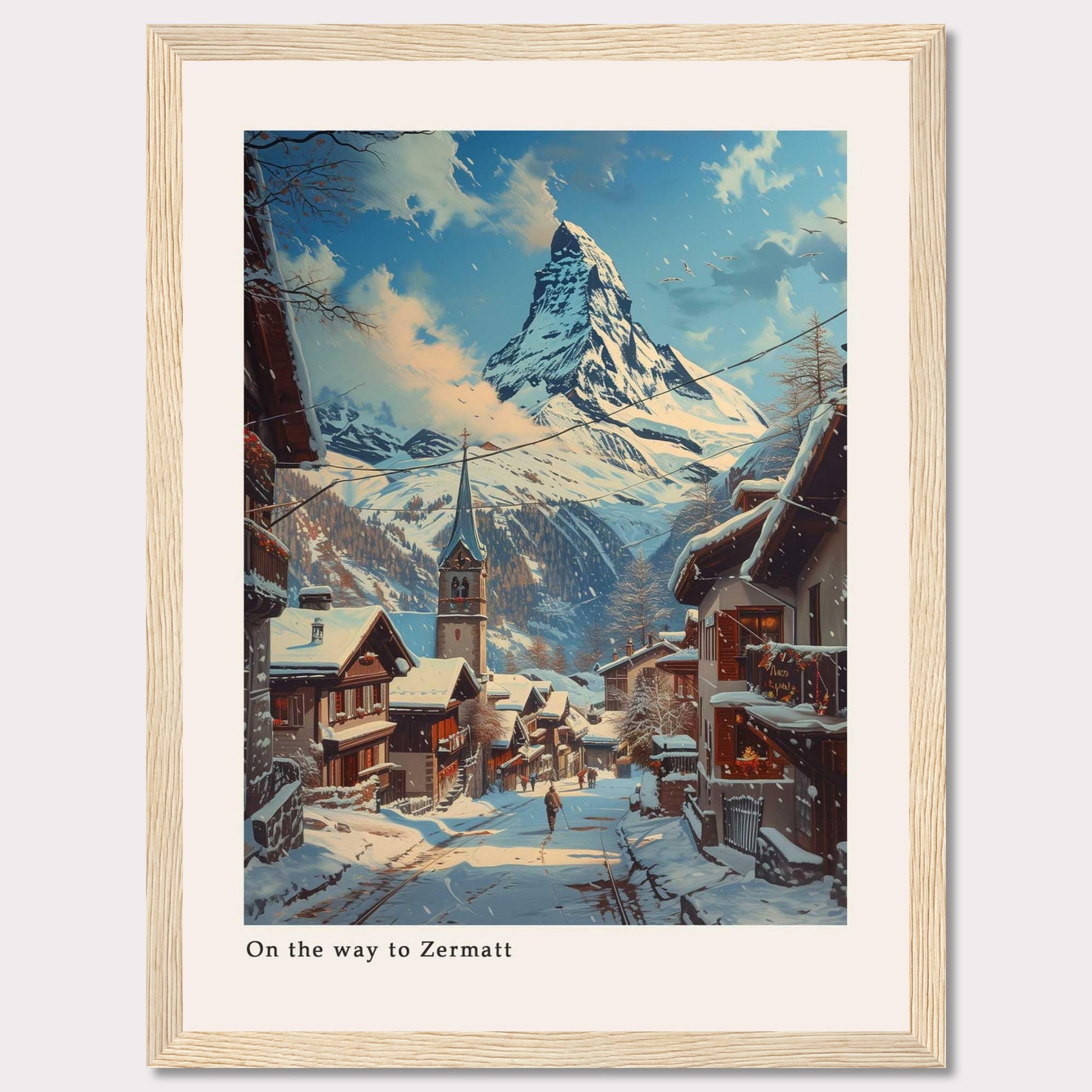 This beautiful artwork captures a serene winter scene on the way to Zermatt, featuring snow-covered rooftops and a majestic mountain in the background.