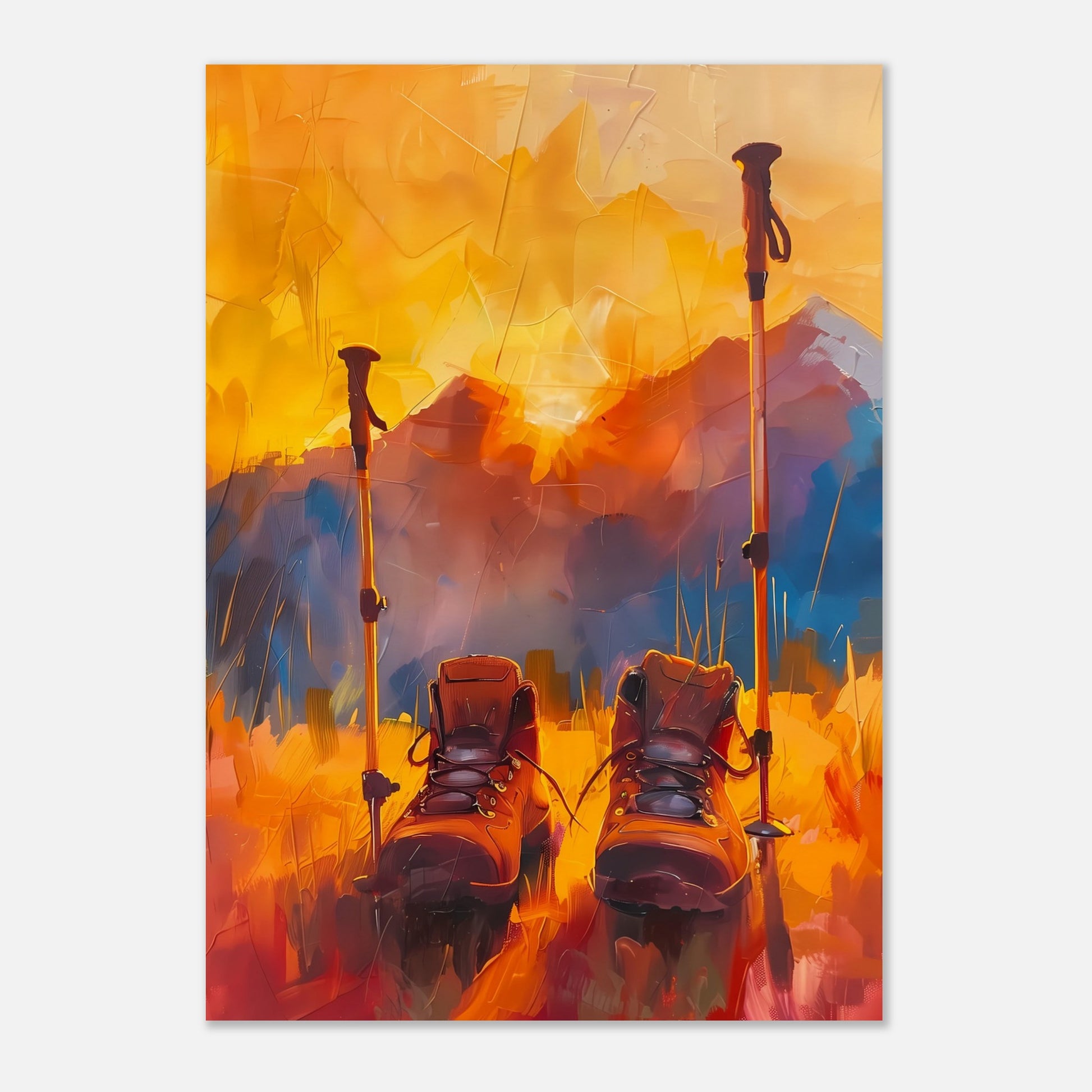 This illustration depicts a pair of hiking boots and trekking poles set against a vibrant, abstract background of mountains and a sunset.