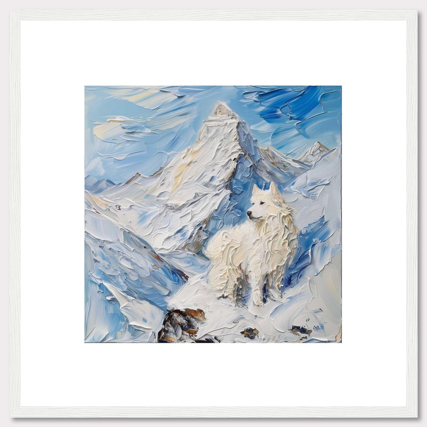 This painting depicts a majestic white dog standing proudly amidst a snowy mountain landscape. The thick, textured brushstrokes create a sense of movement and coldness in the scene.