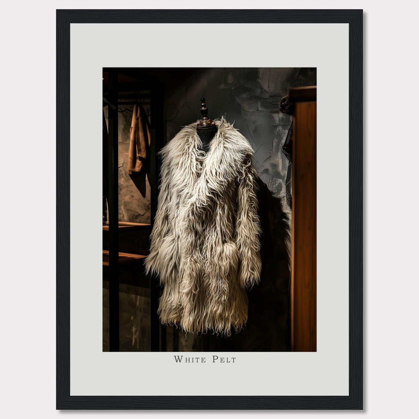 This captivating image showcases a luxurious, white pelt coat displayed on a mannequin in an elegant setting.