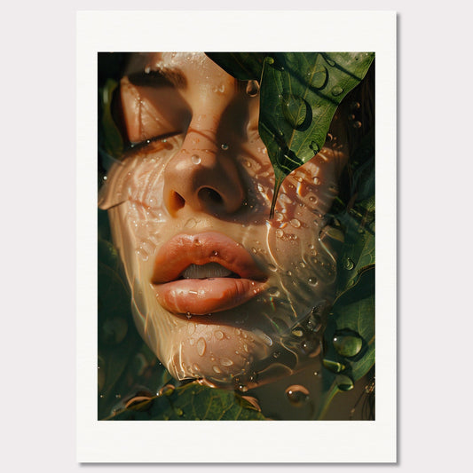 This is an artistic illustration depicting a close-up of a woman's face partially covered by leaves and water droplets.

This poster would fit well in a modern living room, bedroom, or office space, adding a touch of nature and surreal beauty to the decor.