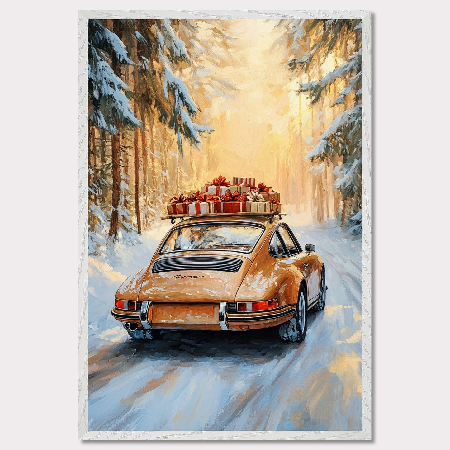 This festive poster showcases a yellow Porsche navigating a snow-covered path with holiday presents stacked on its roof. The warm glow from the trees lining the road creates a magical winter scene, while the "Merry Christmas" typography evokes the warmth and joy of the holiday season. The combination of sleek design and a peaceful winter landscape makes this a perfect holiday greeting.